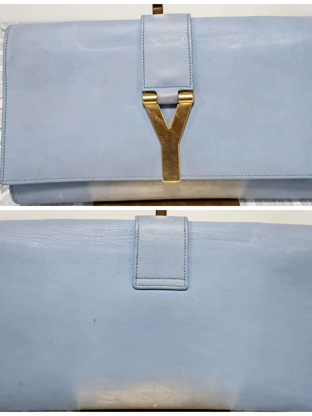 YVES SAINT LAURENT Calfskin Leather Ligne Y Clutch Bag Blue